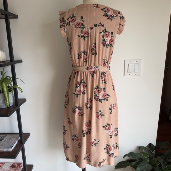 Monteau Rose Floral Linen Blend-Belted Button Up Flattering Sun Dress-Size S - Picture 6 of 16
